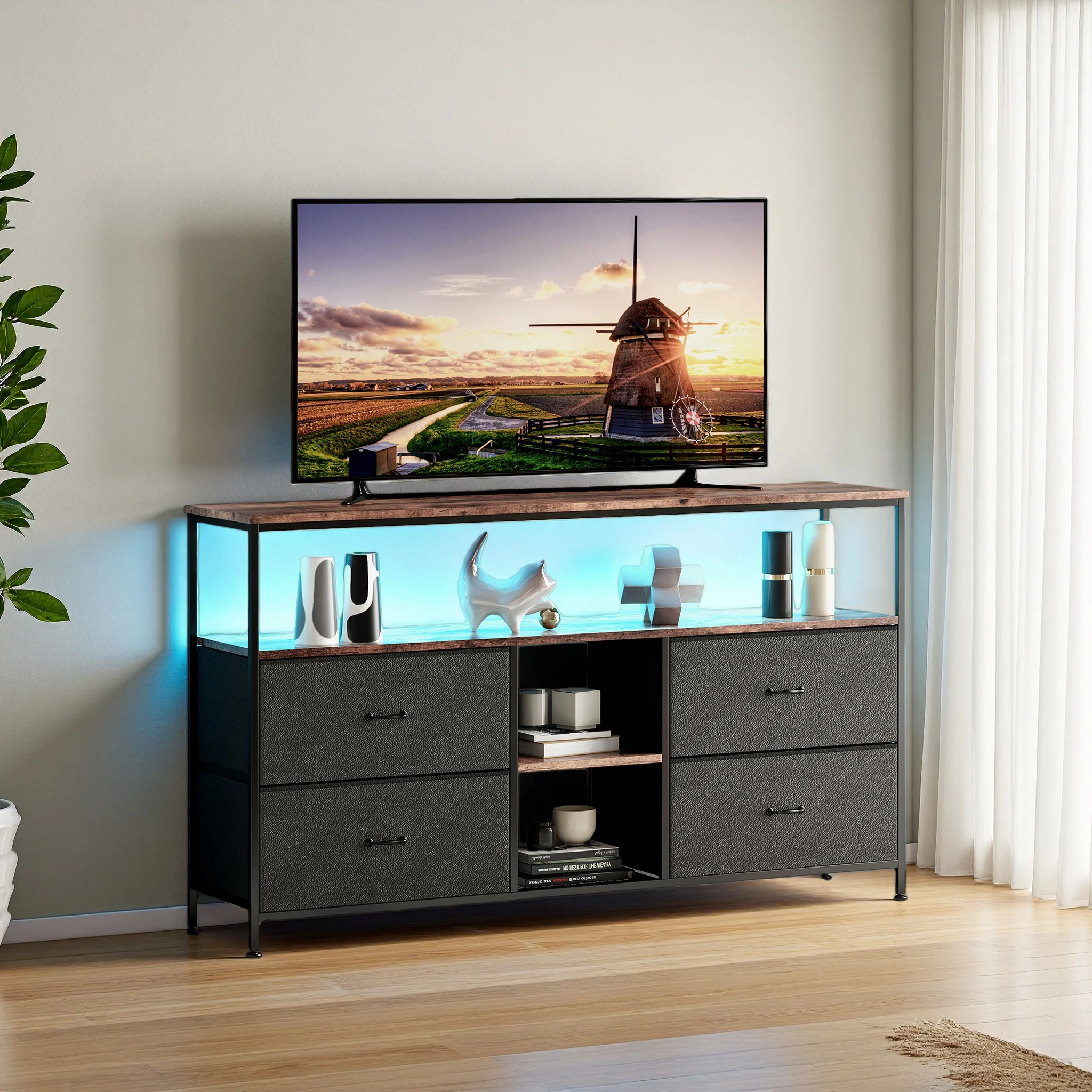Anajqaqia TV-Schrank mit LED-Lichtleiste, Stauraum, Lowboard für Fernseher mit 4 Stoffschubladen, TV-Board und TV-Tisch, 108cm Image