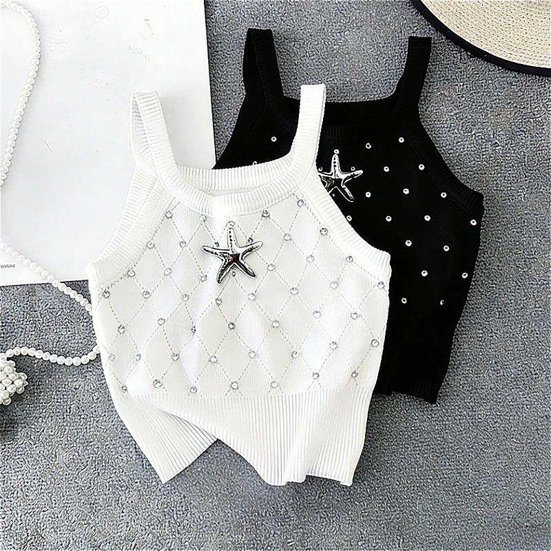 Damen Weißes Spaghetti-Träger-Top mit Seestern-Strass-Verzierung, dehnbares Strick-Crop-Top, lässiges Sommer-Tanktop Image