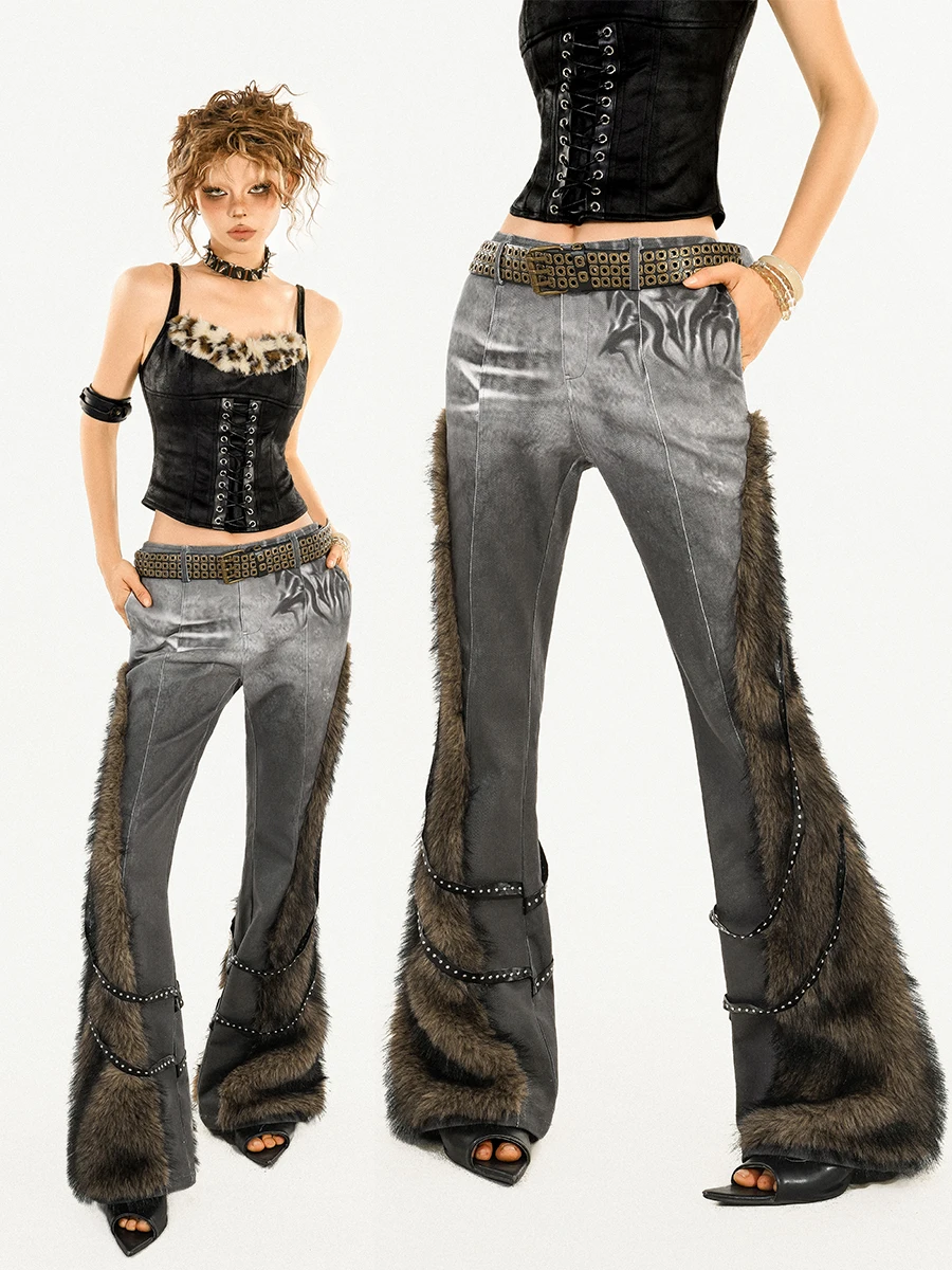 Vintage Lazy Leichte Flare Hose Damen Gothic Punk Pelz Patch Raw Edge Slim Lange Denim Capris Hose Grau
