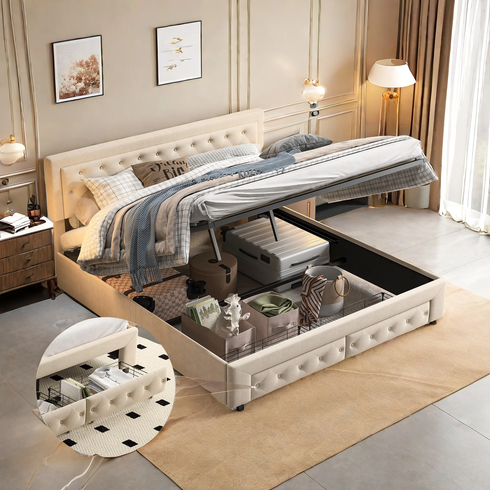 Rosahqnda Polsterbett mit Stauraum, Modernes Doppelbett, Hydraulisches Boxspringbett mit Schubladen, 160/180 x 200 cm, Ohne Matratze Image