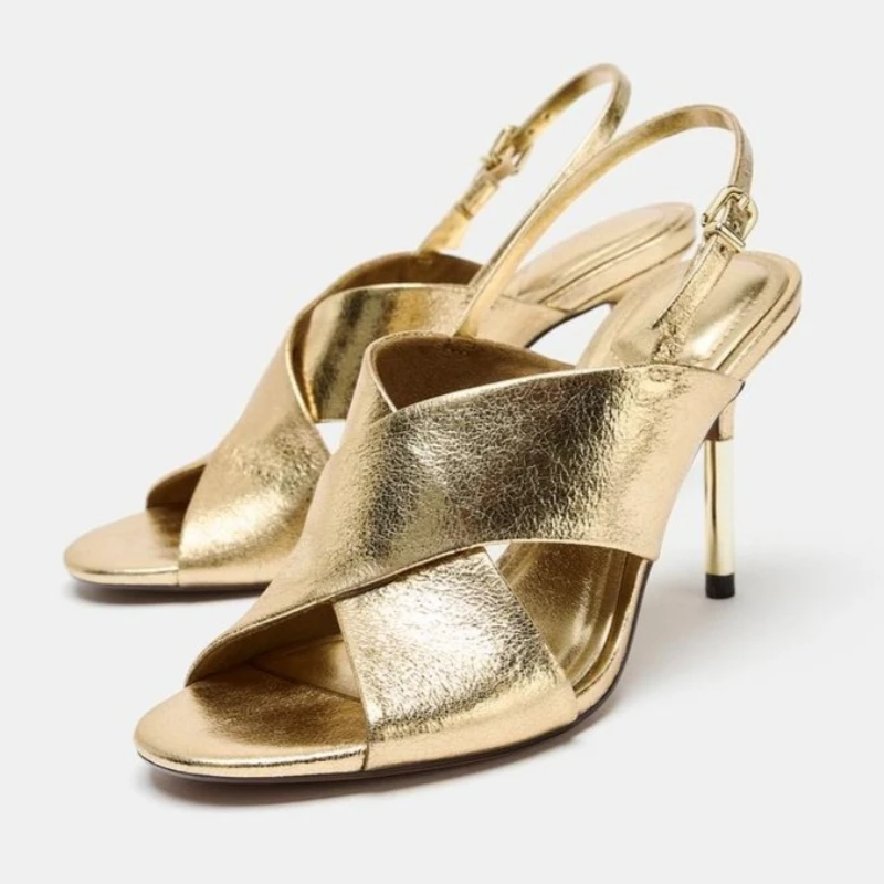 2026 Neue Sommer Designer Sexy Peep Toe Sandalen Damen Gold Dünner Absatz Kreuzgebundene Slingback-Absätze Party-Schuhe Sandalias De Mujer