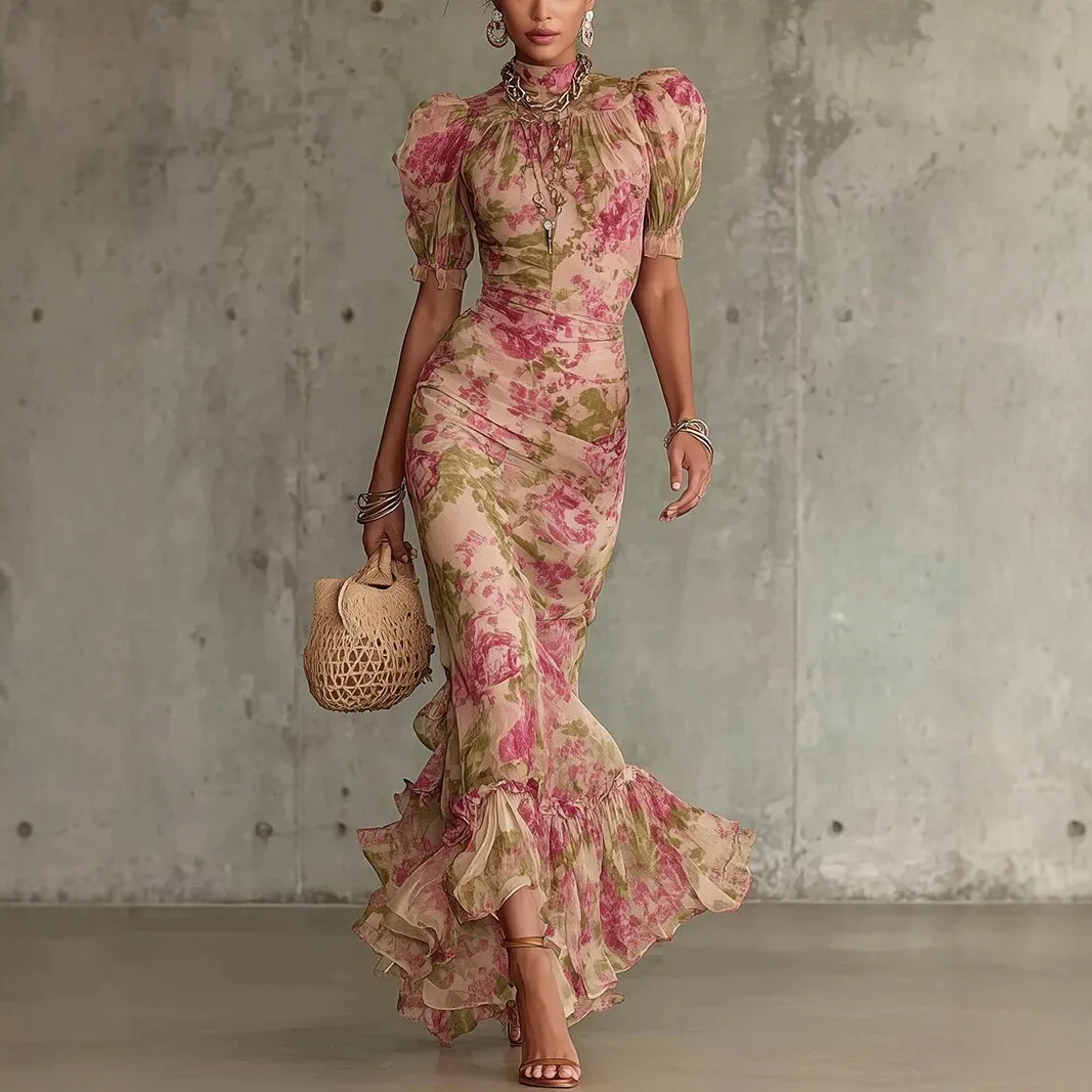 Sexy figurbetonte florale lange Kleider für Damen – Sommer 2026 Mode Kurzarm O-Ausschnitt schlanke Maxikleider elegant Image