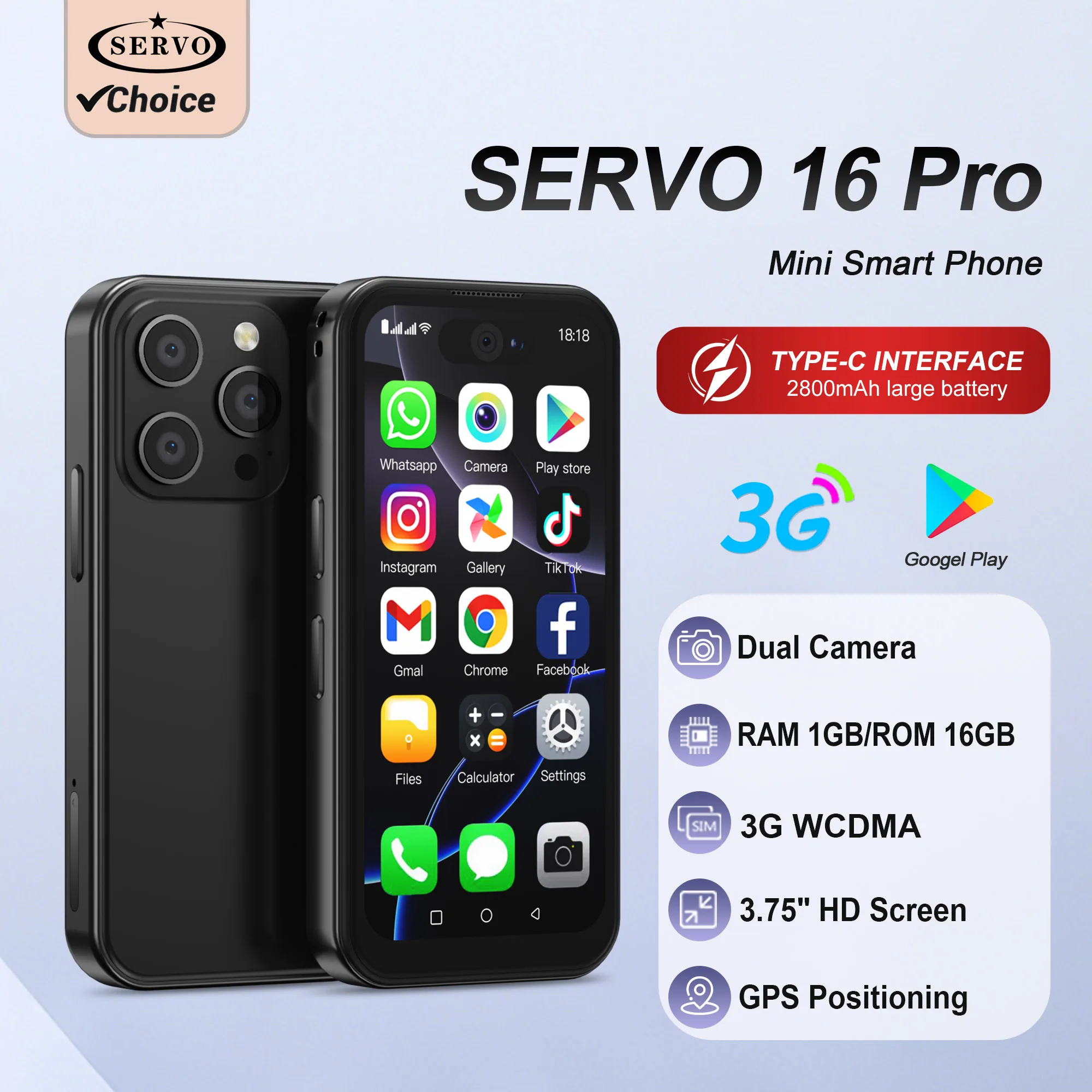 SERVO 16PRO Mini-Smartphone 3G WCDMA Dual SIM Android 8.1 16 GB ROM WiFi GPS Play Store 3,75 Zoll Vollbild-Kleintaschen-Smartphones Image