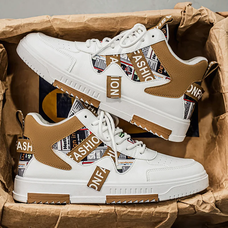 Herren-Sneaker mit Zeitungsdruck und hohem Schaft | Modische Streetwear-Skateschuhe