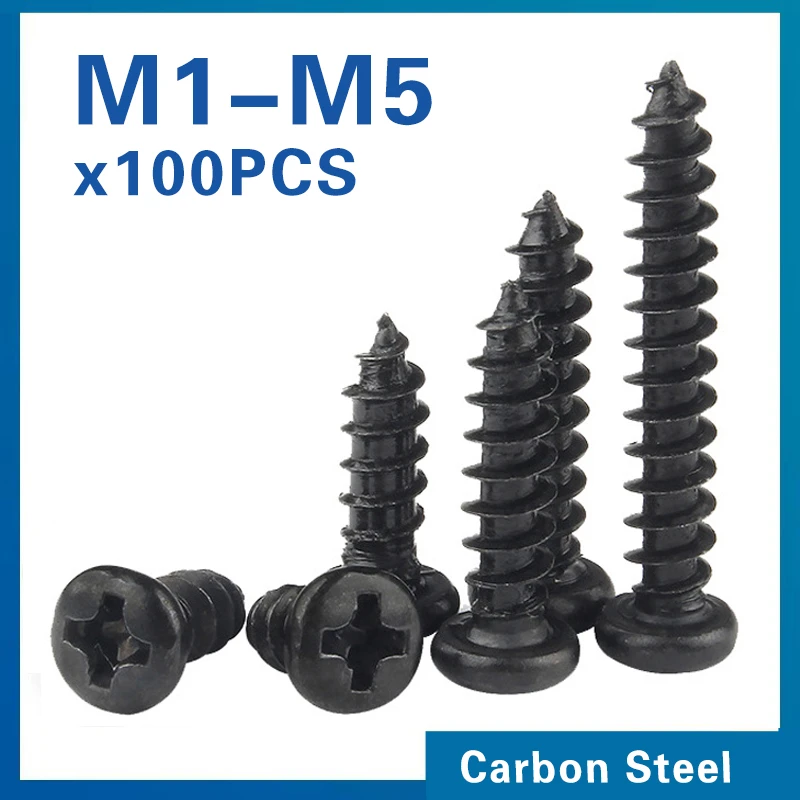 100 teile/los Kreuz Runde Kopf Phillips Selbstschneidende Schraube M1 M1,2 M1,4 M1,5 M1,7 M2 M2,3 M2,6 M3 M3,5 M4 M5 Schwarz Carbon Stahl Image