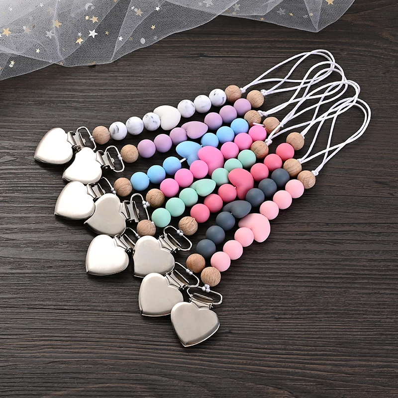 Neue Baby Herz Metall Nippel Clips Silikon Runde Beißring Perlen Schnuller Kette Für Baby Zahnen Pflege Sicher Kauen Spielzeug BPA FREI Image