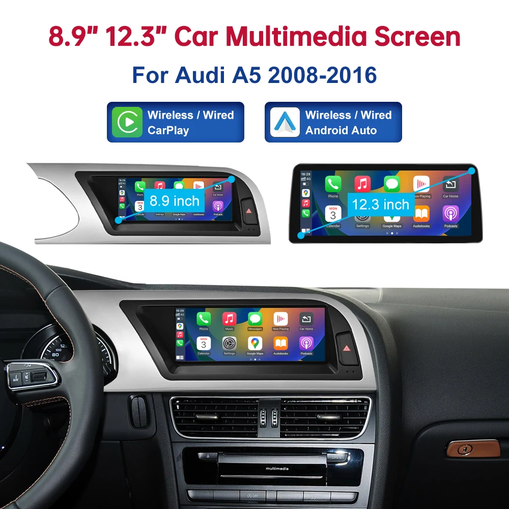 Road Top 8,9 Zoll 12,3'' Touch-Display für Audi A5 S5 2008-2016 GPS Carplay Bildschirm Car Play Multimedia-Player Android Auto Link Image