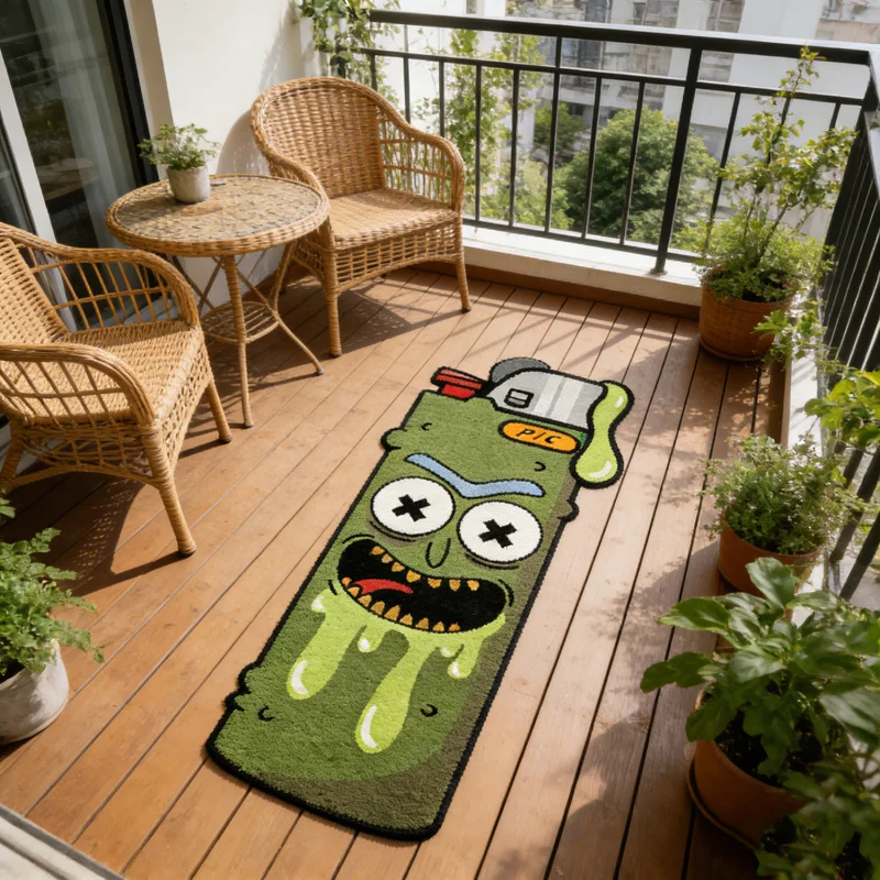 VIKAMA Weird Cartoon Pickled Cucumber Teppich in Form eines Feuerzeigers für den Beistelltisch im Schlafzimmer, weiche, bequeme Fußmatte für die Wohnzimmerdekoration Image