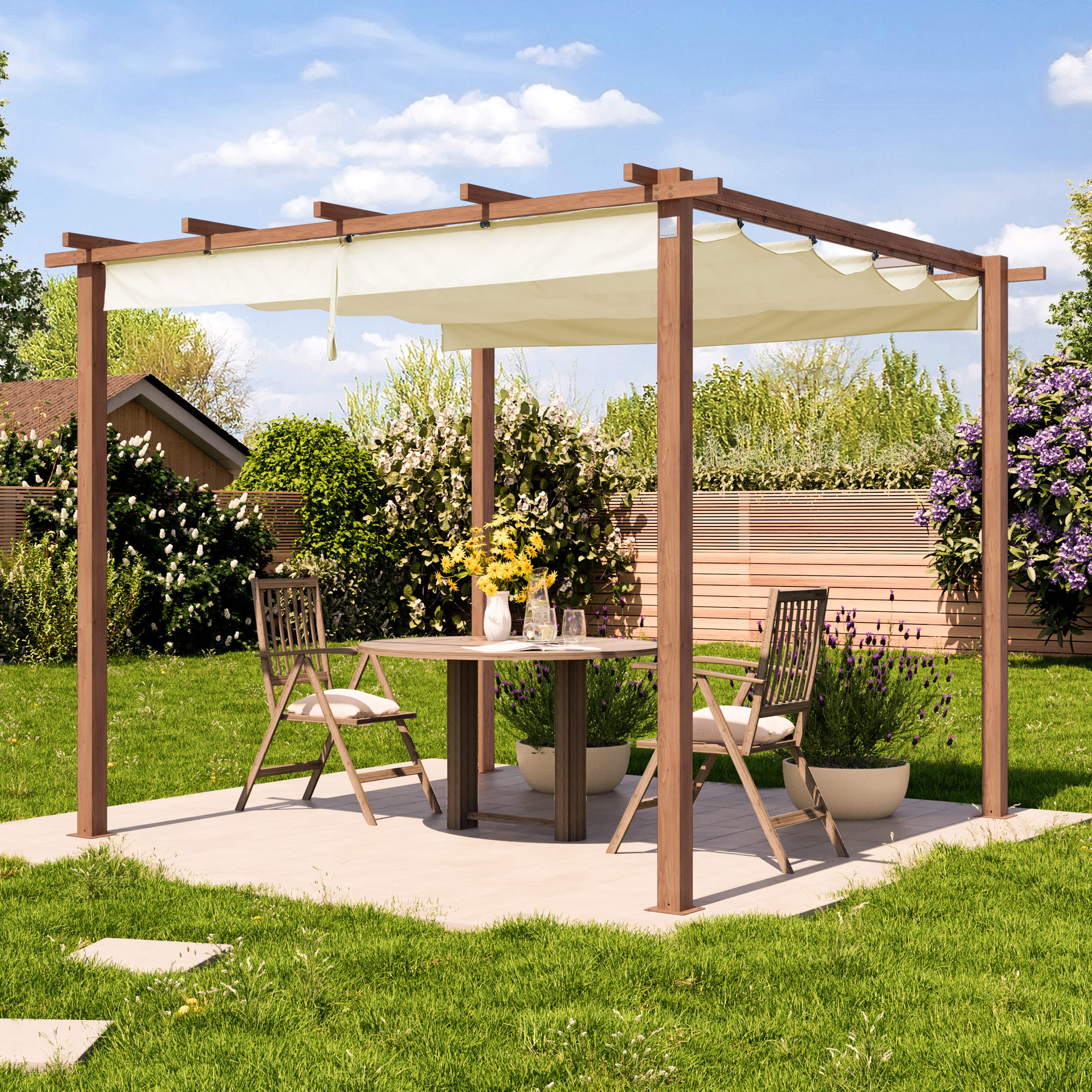 3x3m Pergola in Holzoptik; mit Sonnensegel in Champagner - (400101) Image