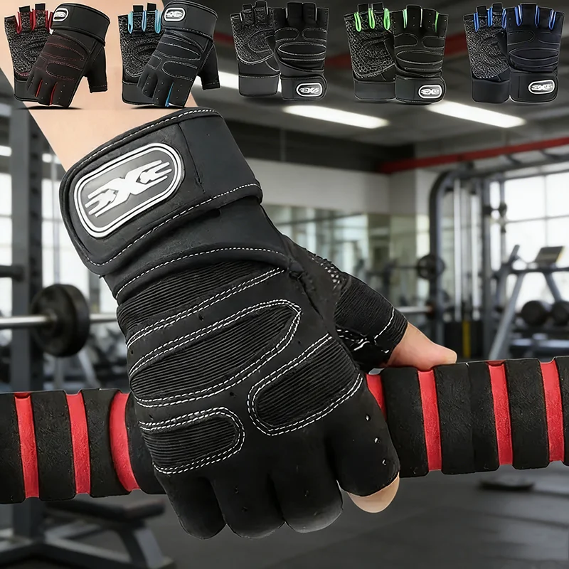 Gants de sport pour hommes et femmes, gants mi-doigts avec enveloppement de poignet pour la musculation, l'entraînement, le vélo, la moto, la salle de sport
