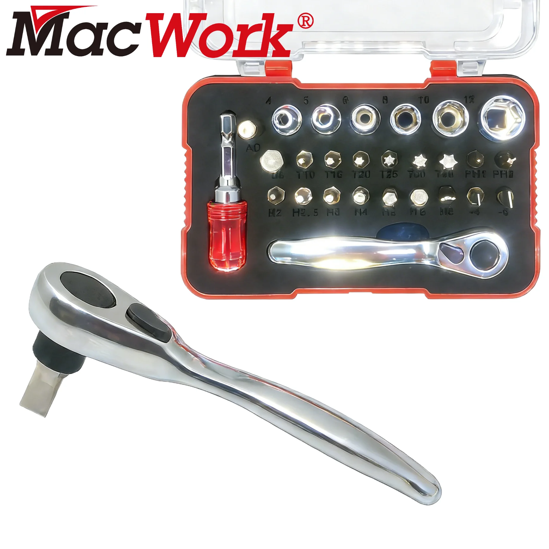 Set di 27 Mini Chiavi a Cricchetto, Cacciavite a Cricchetto e Set di Chiavi a Bussola da 1/4”, Chiave a Cricchetto con 72 Denti, Set di Punte e Bussole