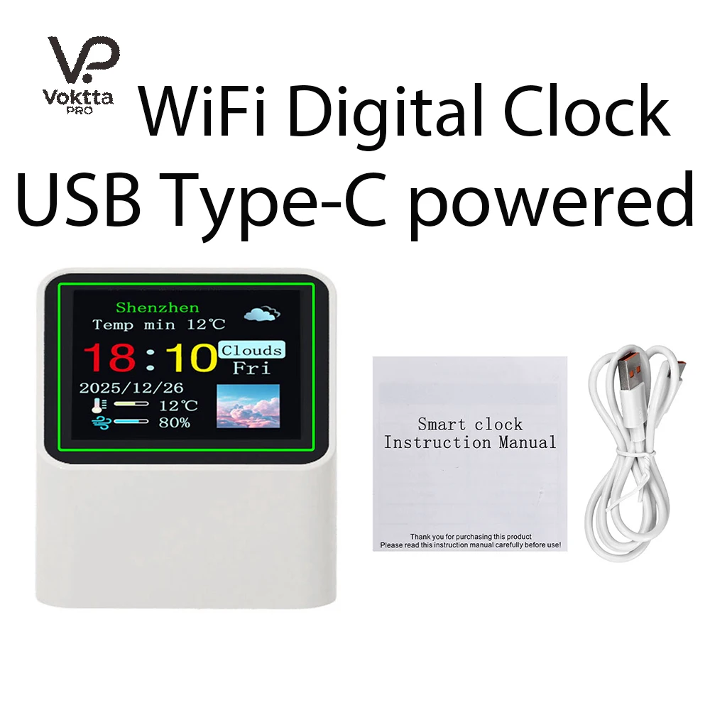 STV08 Petite station météo intelligente portable Wifi, affichage de la météo, température, humidité, heure, réveil, décoration de bureau