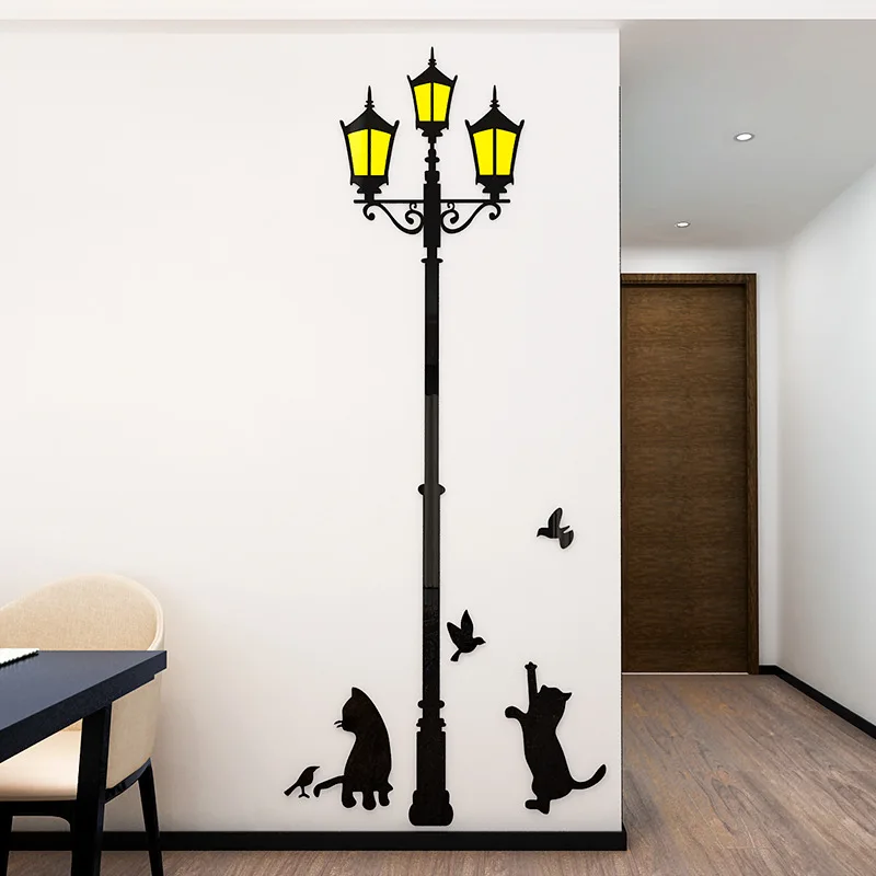 Lampione stradale creativo Adesivi murali 3D in acrilico, simpatico gatto, Decorazione murale per la camera dei bambini, Soggiorno, Camera da letto, Decorazioni per la casa