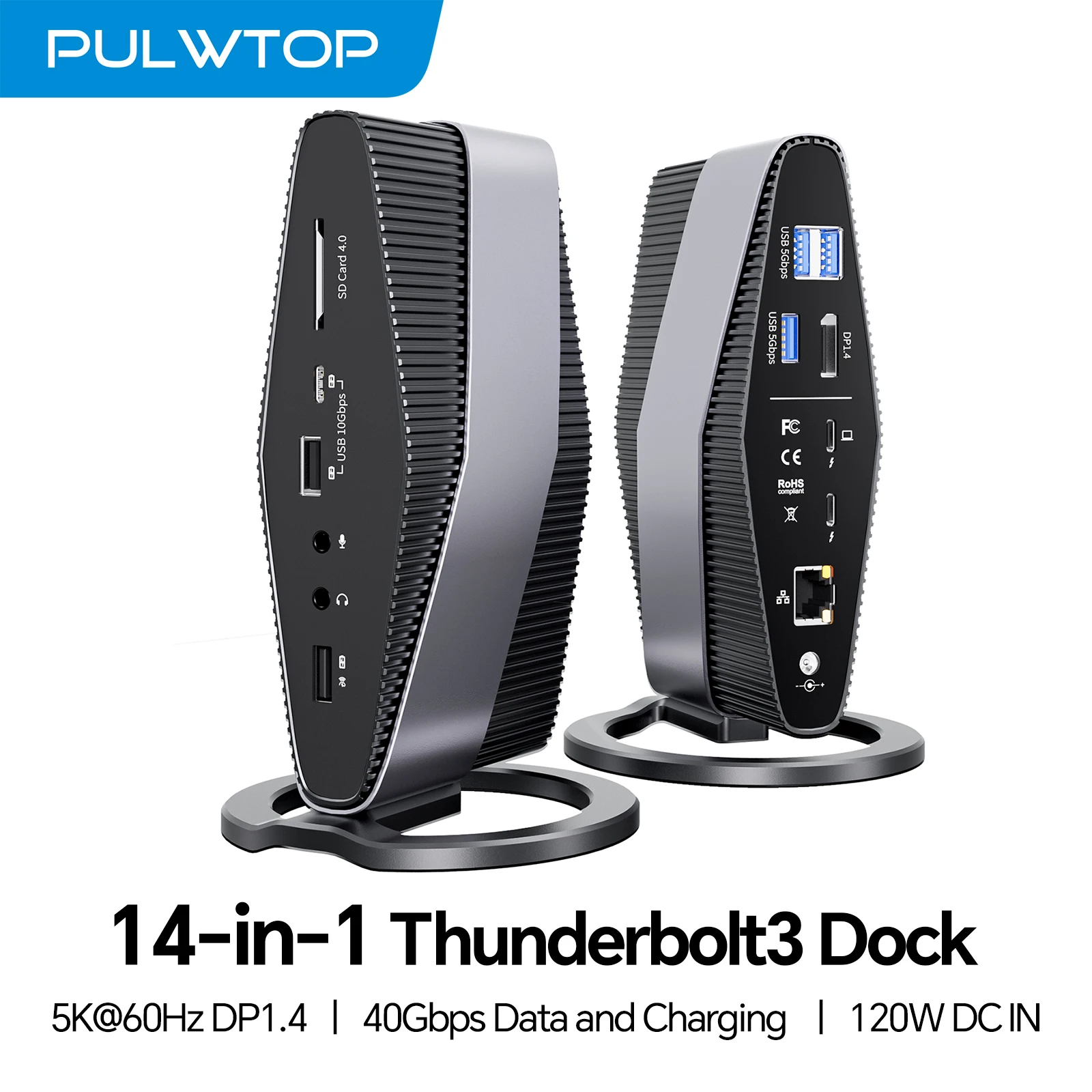 Hub PULWTOP Thunderbolt 3 (écran unique 5K, double 4K, 40Gbps), avec double moniteur écran 4K, 40 Gb/s, SD/TF4.0, USB A/C 10 gbps