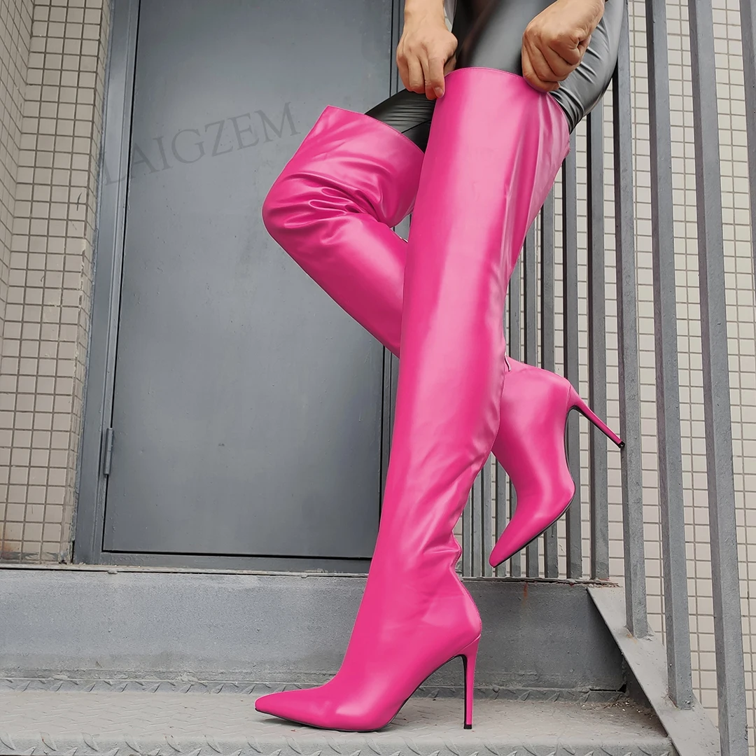 LAIGZEM Damen Overknee-hohe Stiefel mit spitzer Zehenpartie, Party-Zapatos-Schuhe, Reißverschluss hinten, Kunstleder-Schuhe für Damen, große Größe 43, 44, 47
