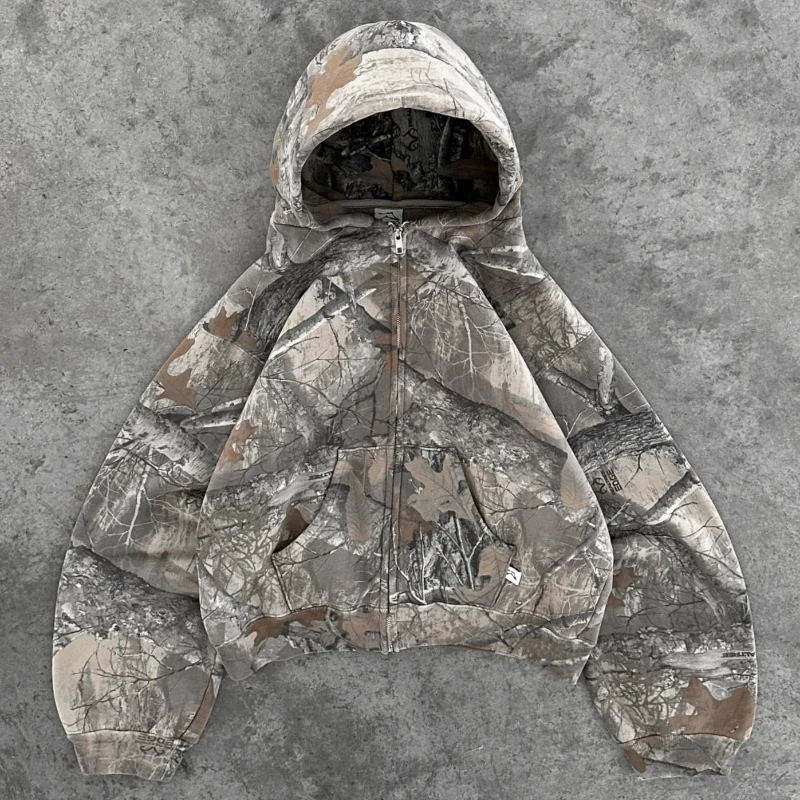 Y2K Retro Zip-Up Hoodie Herren Camouflage-Muster Reißverschluss-Sweatshirt High Street Hip Hop Streetwear Oversized Unisex Camo Hoodie Image
