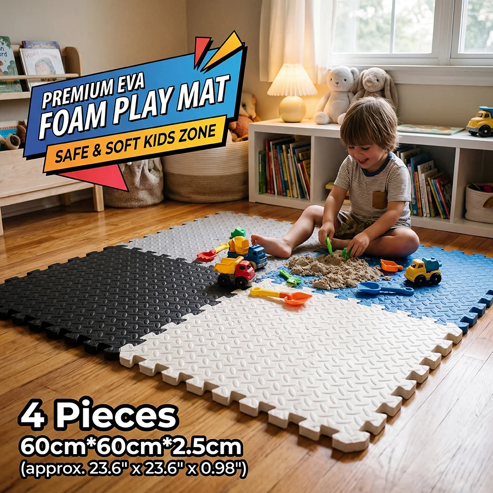 4-teilige EVA-Puzzlematte 60x60cm, 2,5cm Dick, Schaumstoff-Bodenmatte für Wohnzimmer, Weicher Teppichfliesen-Bodenbelag, Spielmatte Image
