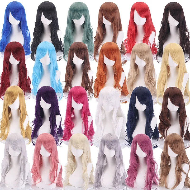 Synthetische Cosplay-Perücke, 70 cm lang, lockiges, mehrfarbiges Faserhaar, Anime-Party-Kostüm, gewellt, hitzebeständig, Rollenspiel, täglicher Gebrauch Image