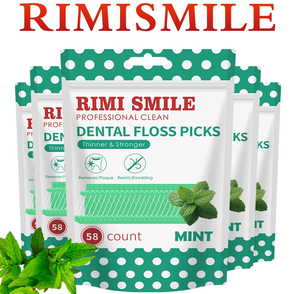 RIMI SMILE Minz-Zahnseide-Picks mit tragbarem Reiseetui, 58 Stück, dünner & stärkerer Zahnseide-Sticks, reißfest, Plaque-Resistant Image