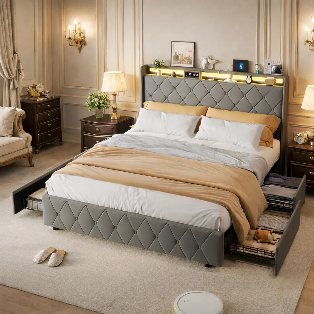 Bett 140x200 mit Stauraum Kopfteil und LED, Polsterbett Flanell mit 4 Schubladen und Lattenrost, Doppelbett Stauraumbett Funktionsbett Bettgestell Image