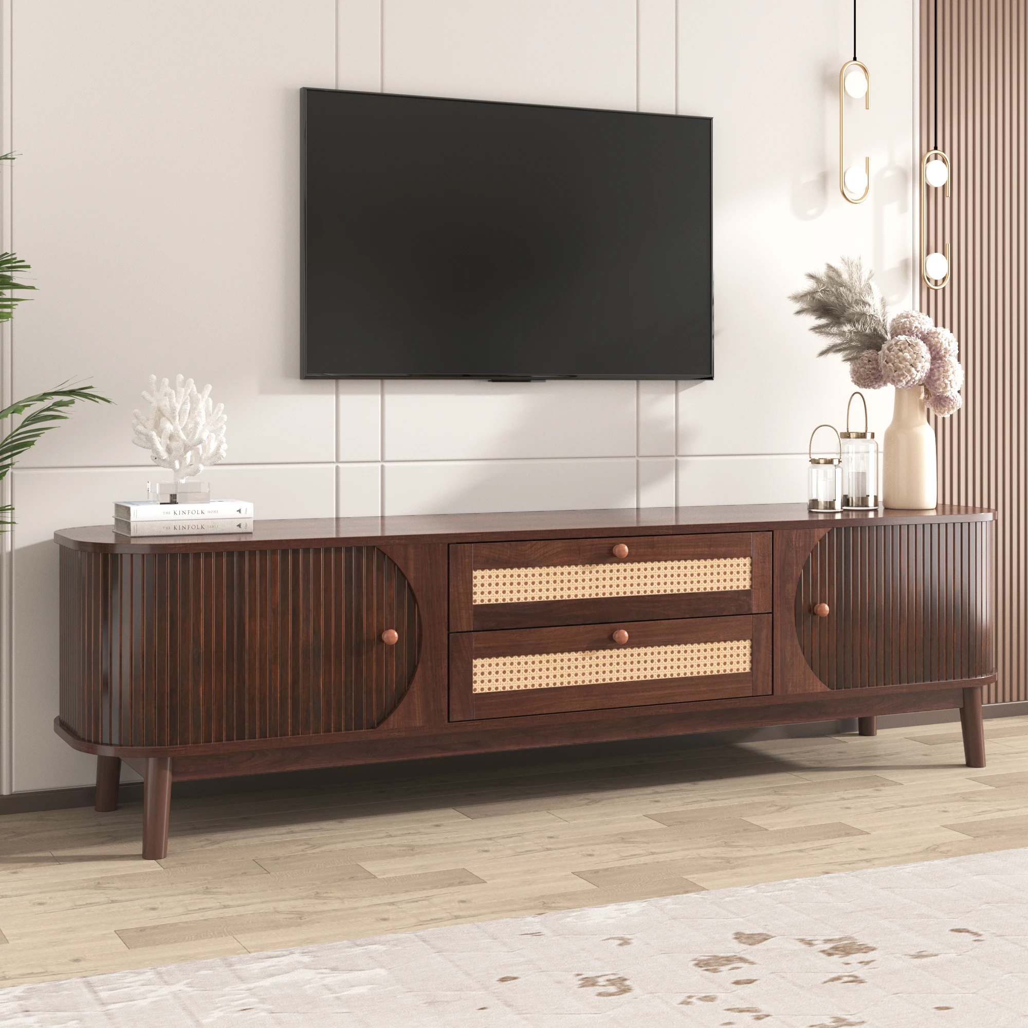 Comanlai 170×39,5×46 cm TV-Ständer, TV-Schrank mit natürlicher Holzmaserung, Rattan-TV-Schrank mit Türen und 2 Schubladen, MDF Image
