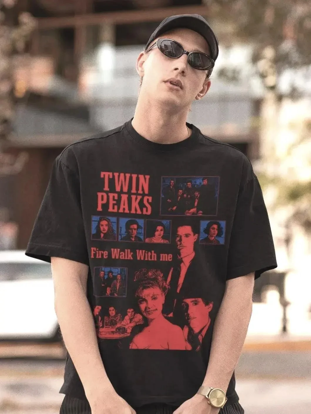 Twin Peaks T-Shirt für Herren, Sommer, Fire Walk with Me, TV-Show-Charakter-Collage, Grafik, kurzärmelig, Streetwear, lockere Passform, Fan-T-Shirt