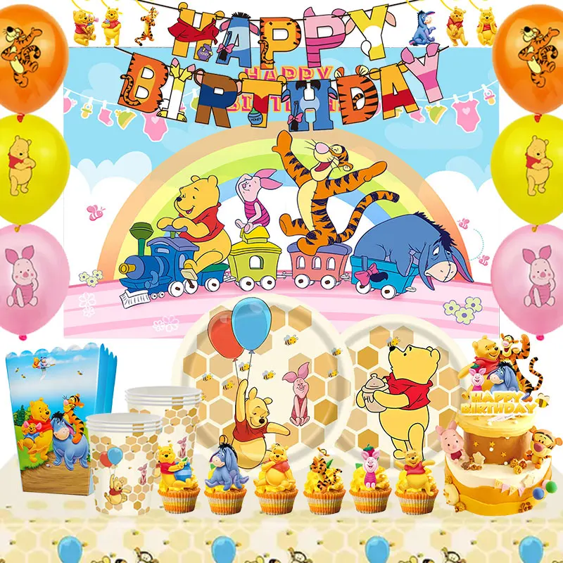Winnie Puuh Cartoon Teller, Servietten, Becher, Winnie Puuh Geburtstagsparty-Zubehör, Süßigkeitenbox, Popcornbox, Niedliche Tier-Geburtstagsdekoration Image