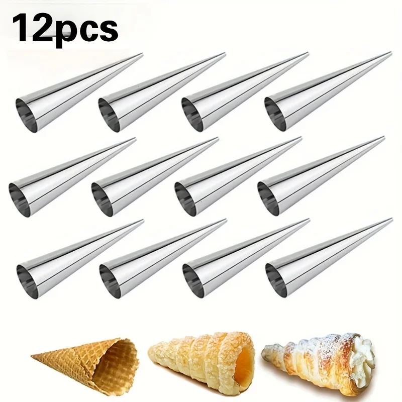 Hochbelastbar | Edelstahl] 12-teiliges Set Robuste Edelstahl-Cremetütenformen | Antihaft-Spiral-Gebäckformen für Eiscreme Image
