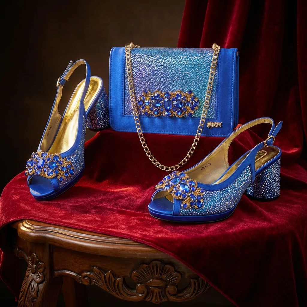 Neueste INS-Style Königsblaue Strass-Elegante Damen-High-Heels, Nigeria-Beliebtes Italienisches Design, Afrikanisches Damen-Schuh- und Taschen-Set