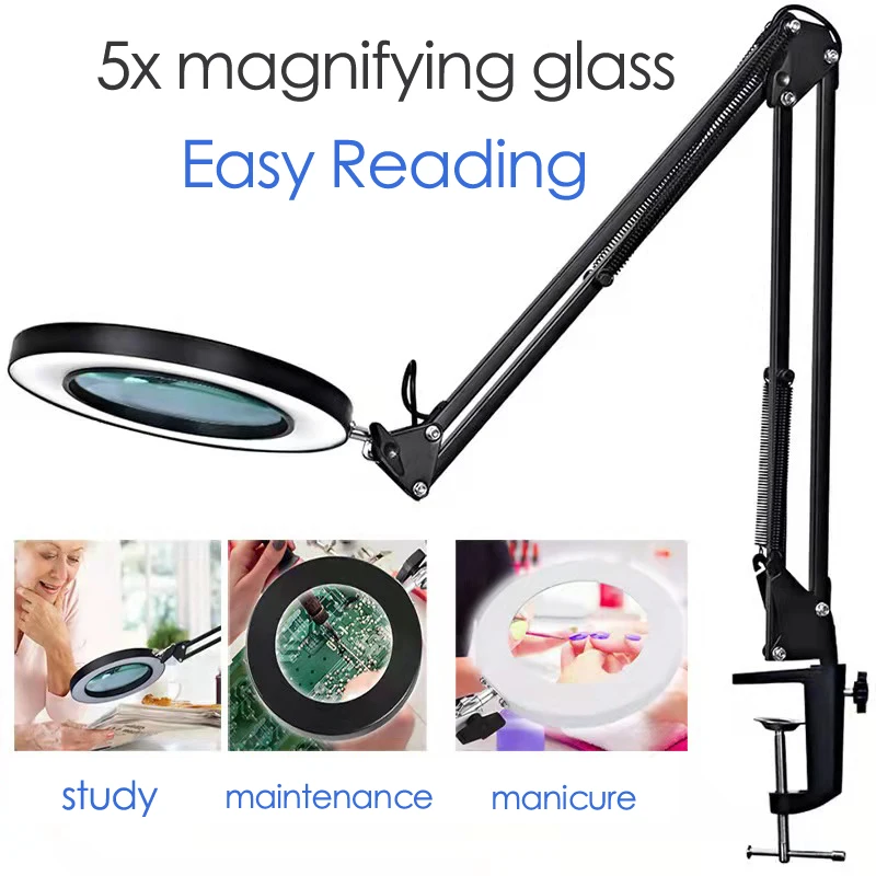 Höhenverstellbare Lupe-Schreibtischlampe mit klappbarem Ring, USB-Studienständer für Büro, Maniküre, Lesebuch, Klemmleuchte