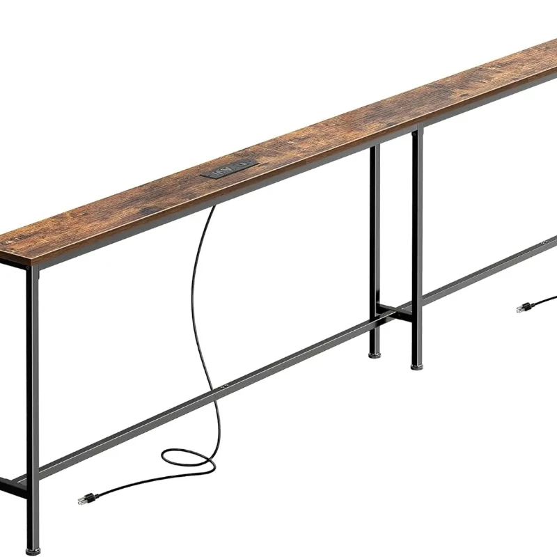 Sofatisch mit 2 Steckdosen und USB-C-Anschlüssen, Schmaler Konsolentisch mit Stauraum, Extra Lang, für den Eingangsbereich