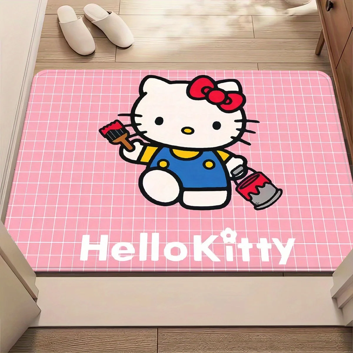 1 Stück Sanrio Hello Kitty Rutschfeste Saugfähige Türmatte - Maschinenwaschbare Polyestermatte mit Niedlichem Rosa Gitterdesign & Roter Schleife für B
