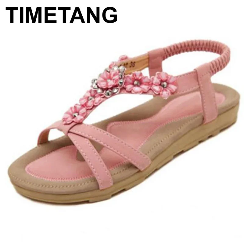 TIMETANGComfortable Flache Ferse Sandalen Frauen Große Größe Sommer Schuhe Frau Böhmen Blumen Strass Strand Damen Schuhe