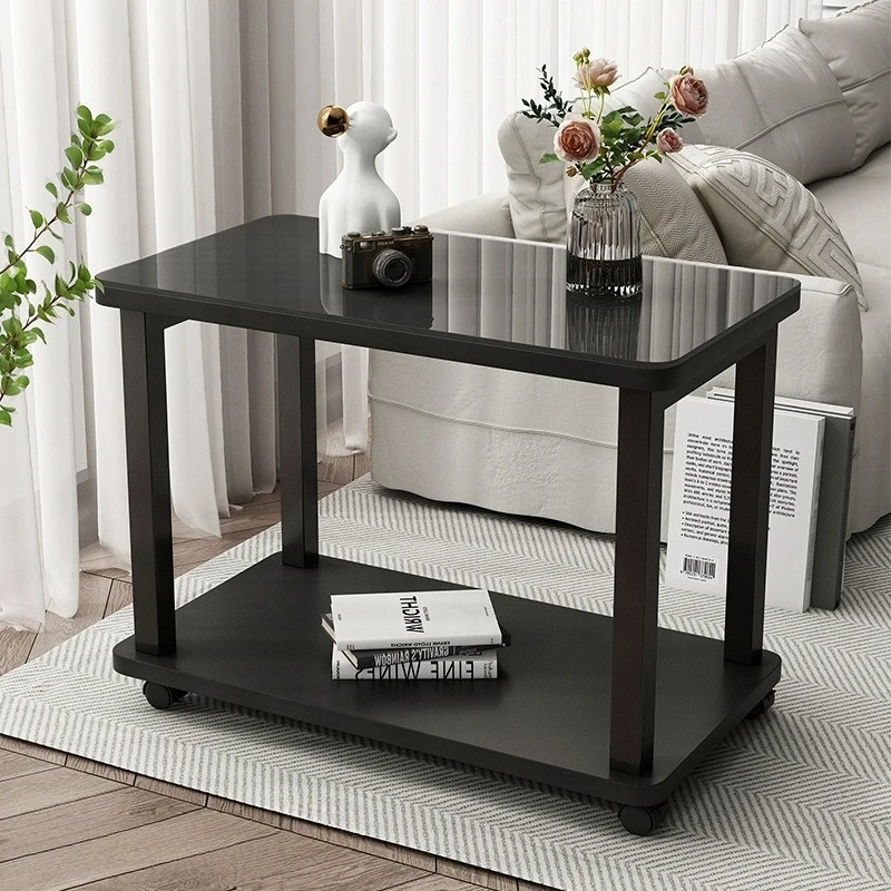 Beistelltisch, Sofa-Beistelltisch, Couchtisch aus gehärtetem Glas, kleiner, moderner, minimalistischer Balkon-Teetisch, mobiler Beistelltisch mit Rollen