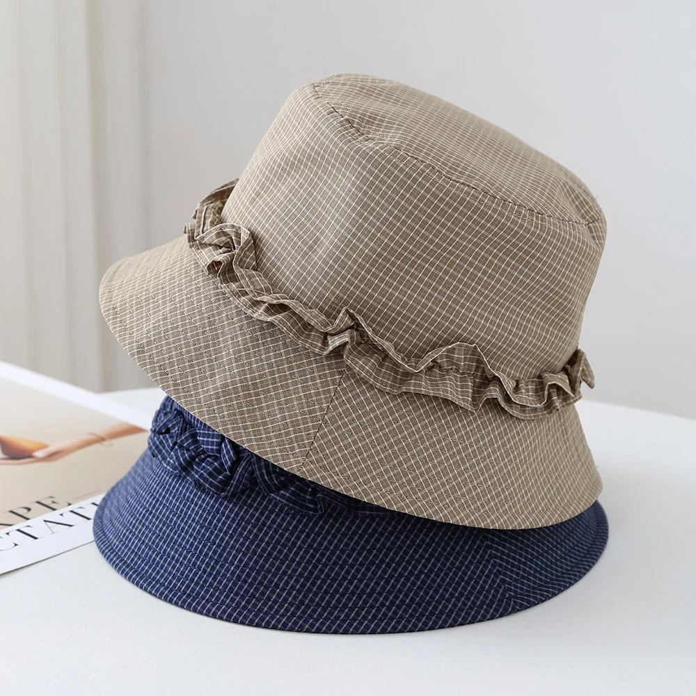 Damen Karierter Bucket Hat mit Rüschen Winddicht Vielseitig Frühling Sommer Fischerhut Süßer Sonnenschutz Topfhüte ﻿ Image
