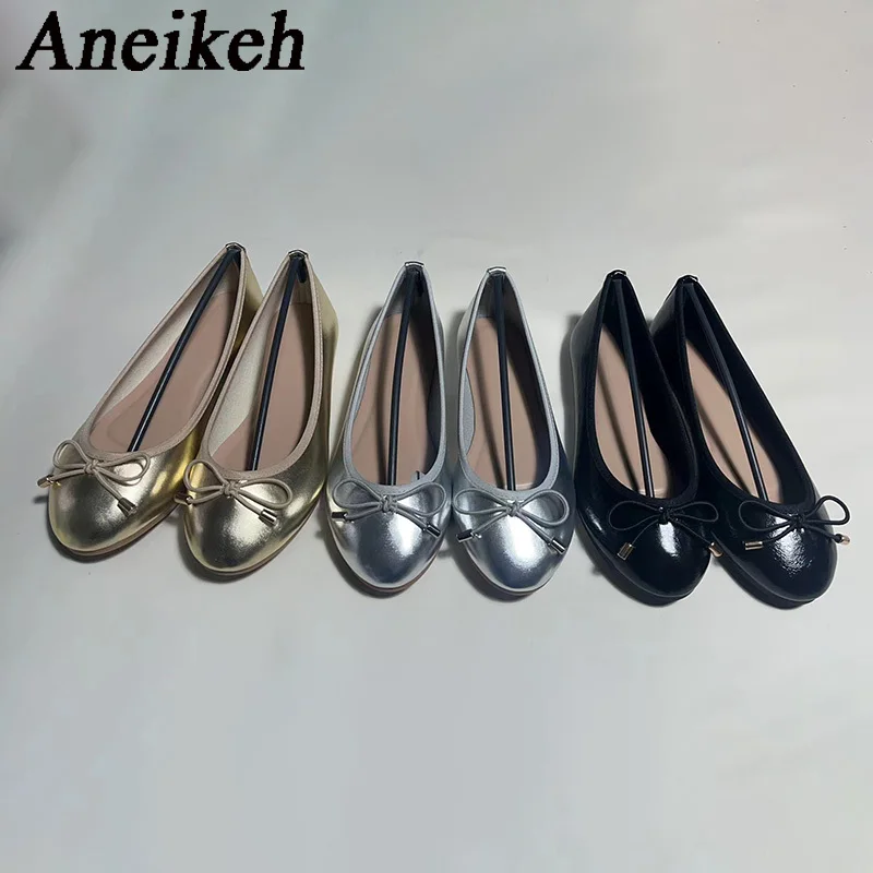 Aneikeh Gold Silber Mode Wohnungen Luxus Frauen Ballerinas Runde Kappe Bowtie Slip auf Komfort Loafers Damen Casual Pantoletten Schuhe