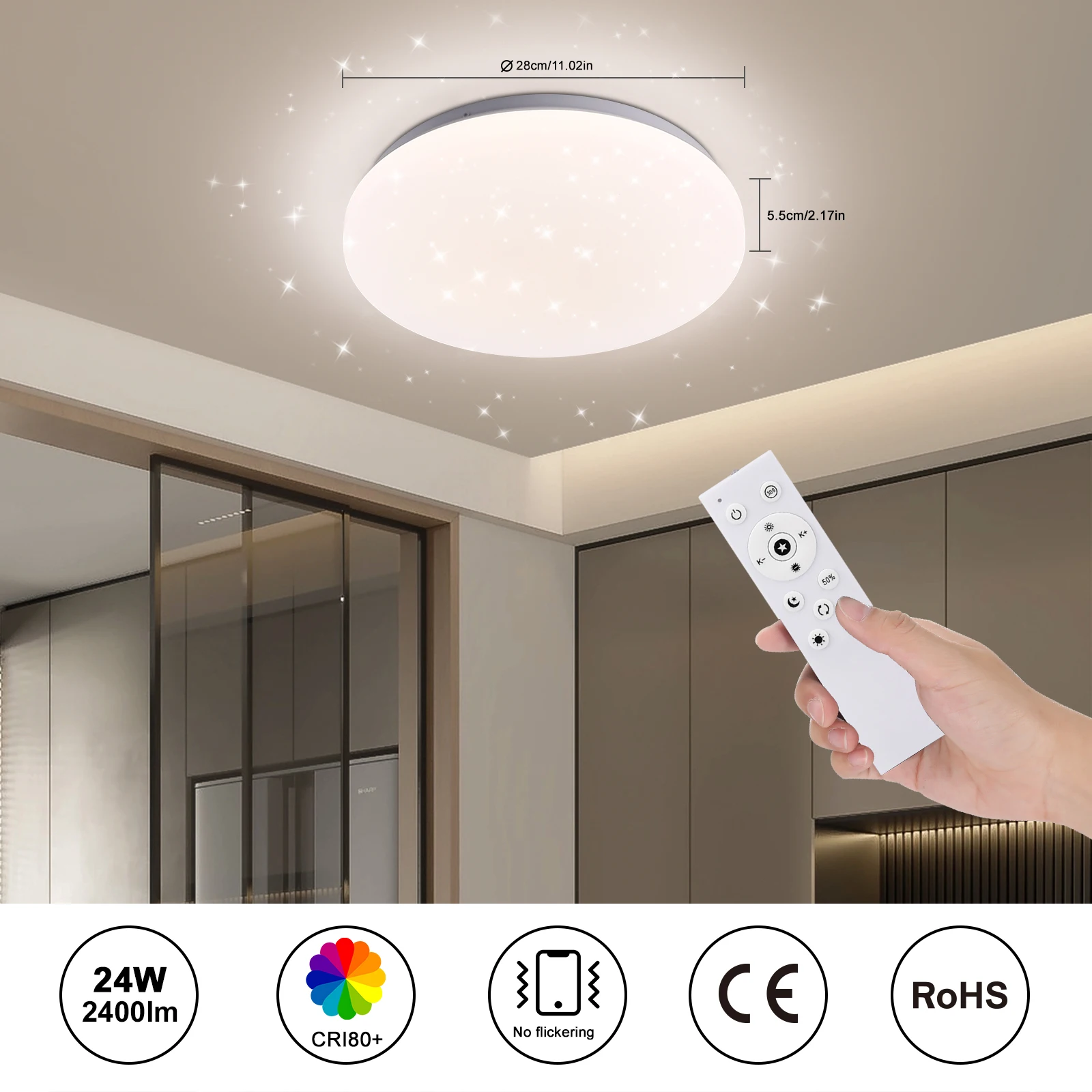 LED-Deckenleuchte Dimmbar 24W Runde LED-Lampe mit Fernbedienung und Sternenhimmel-Design Deckenleuchte für Schlafzimmer Wohnzimmer