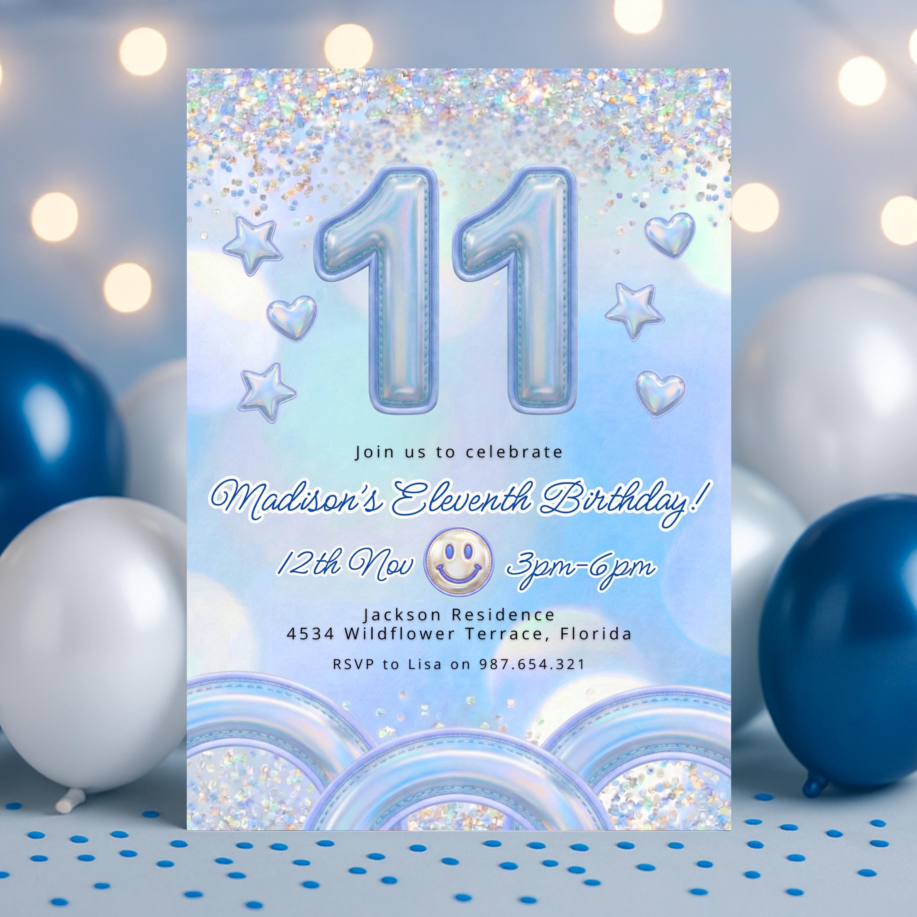 Invito per l'undicesimo compleanno di una ragazza in blu, modello di invito per la festa dell'undicesimo compleanno, olografico e pastello.