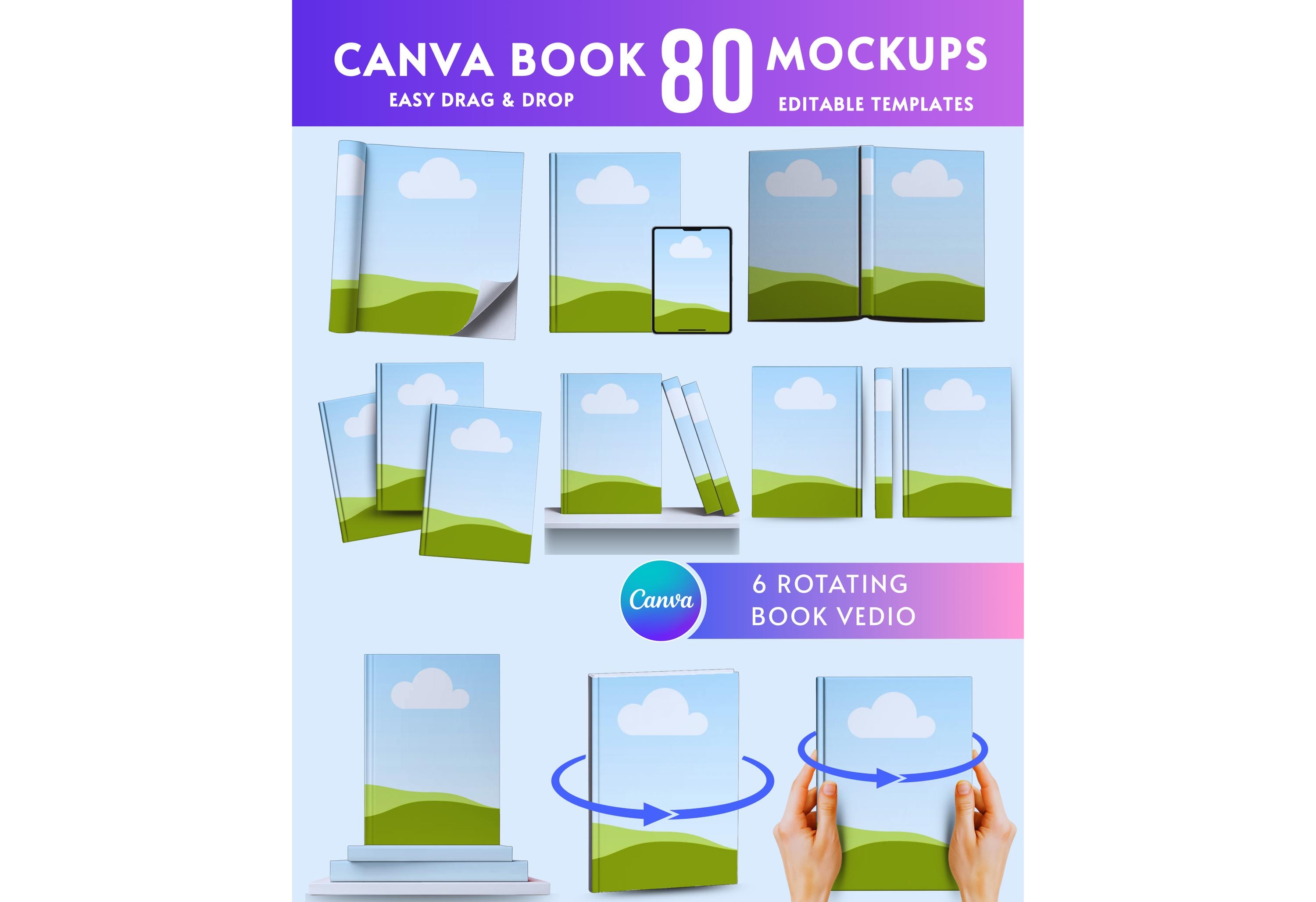 Pacchetto di mockup di libri Canva, mockup di copertine di libri KDP, video di libri rotanti, copertina rigida e tascabile, modelli di copertine di li