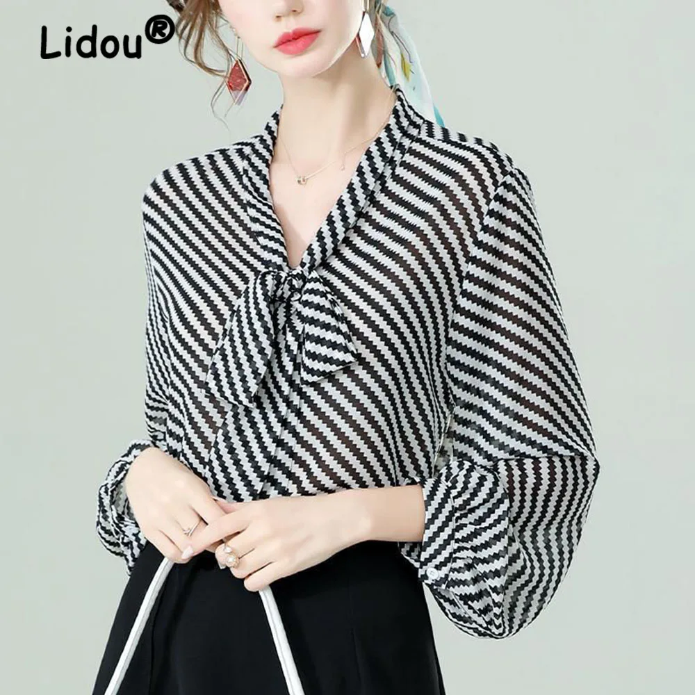 Primavera estate donne camicia in Chiffon a righe a maniche lunghe con fiocco ufficio moda urbano Cardigan elegante camicette da donna 2022 5XL