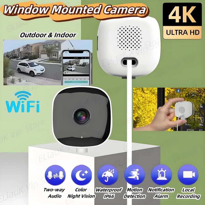 Caméra de surveillance sans fil Wi-Fi à fixation sur fenêtre, surveillance à distance par téléphone portable, vision nocturne HD 3 millions/4K, carte réseau