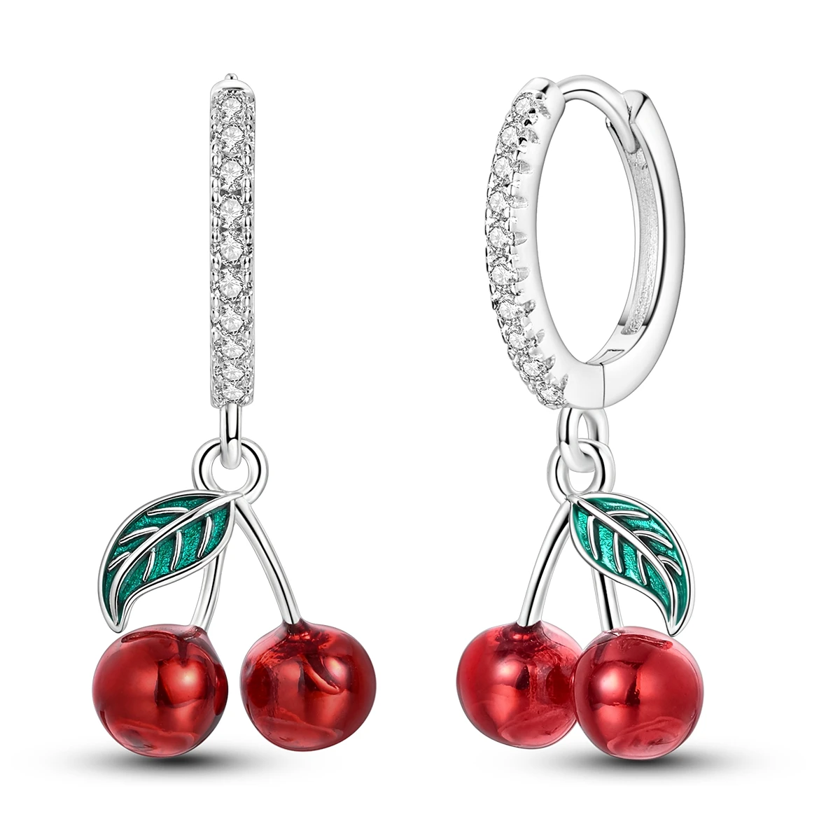 925 Sterling Silber Kirsch-Creolen mit funkelnden Zirkonia und rotem Emaille-Frucht-Design – vielseitiger Schmuck für Damen, Party und Hochzeit Image