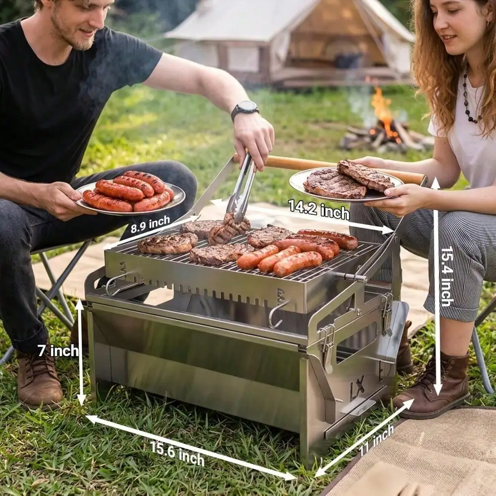 Tragbarer Edelstahl-Holzkohlegrill 360 ° Drehbarer Abnehmbarer BBQ-Smoker mit Tragetasche für Outdoor-Camping und Picknick Image