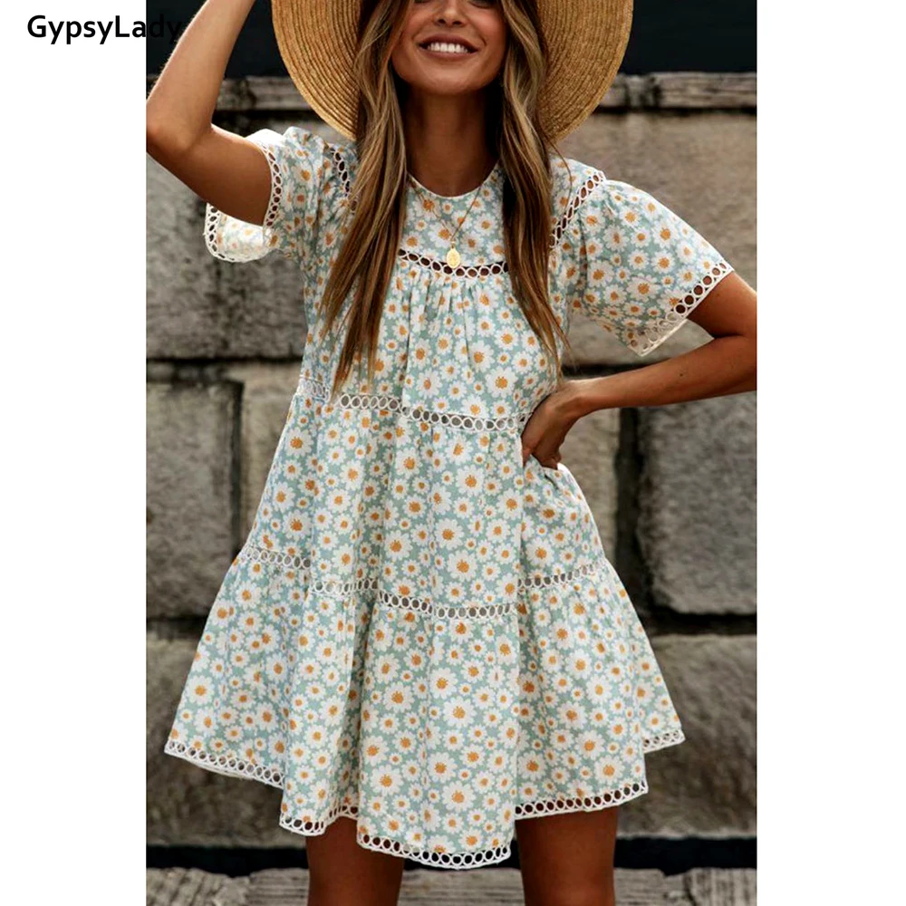 GypsyLady Daisy Floral Print Boho Mini Kleid Sommer Urlaub Vintage Kleider für Frauen Rüschen Chic Damen Aushöhlen Casual Kleid