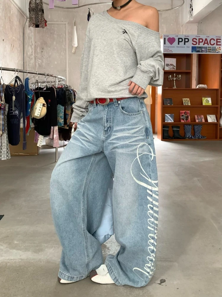 HOUZHOU Vintage Brief Drucken Jeans Frauen Y2k Blau Hohe Taille Baggy Denim Hosen Hip Hop Retro Straße Gerade Breite Bein Jeans