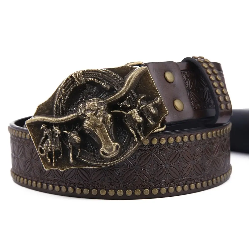 Vintage Western Cowboy Herren PU-Ledergürtel Luxuriöses Design Trendige Marke Ochsenkopf-Gürtel Business Casual Gürtel