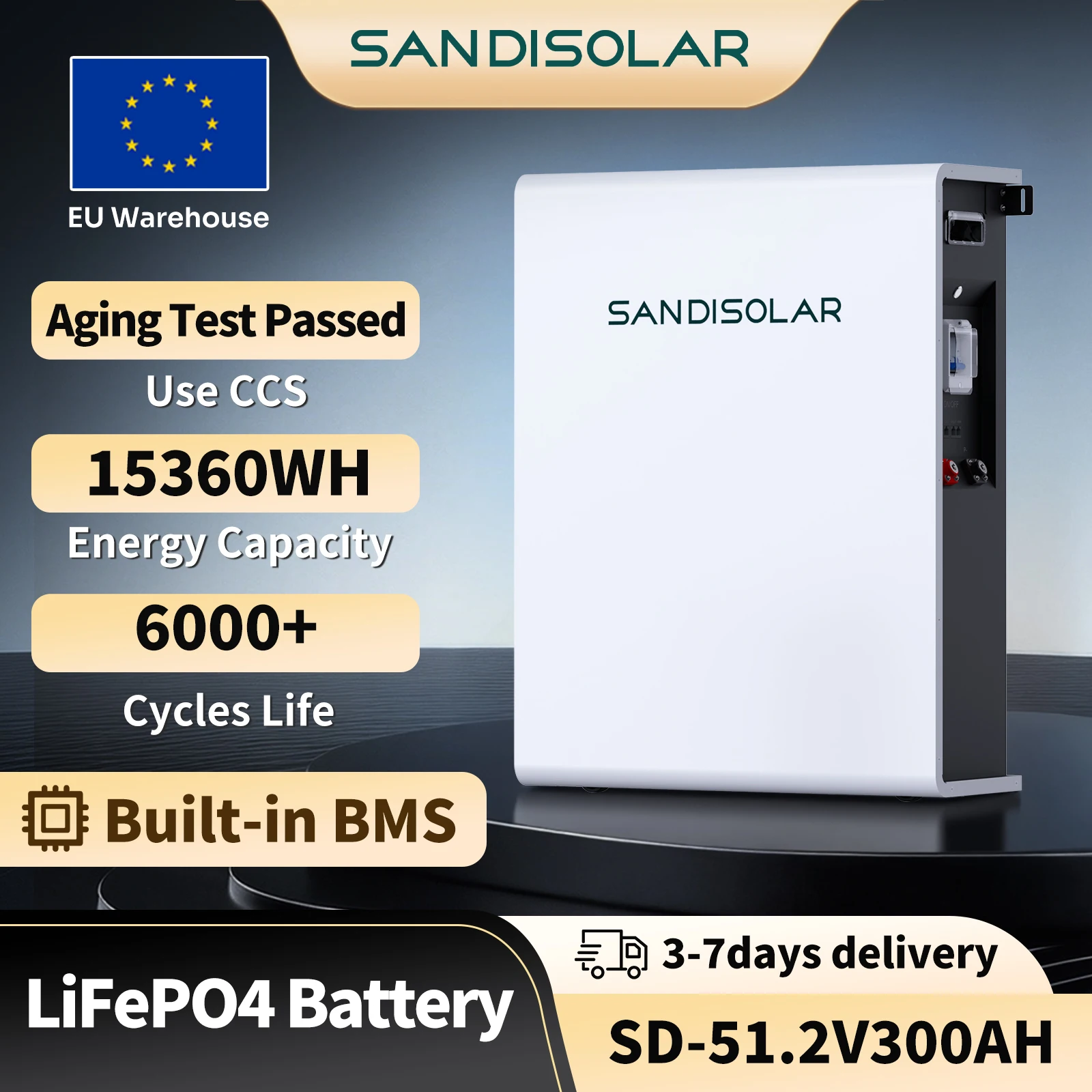 SANDISOLAR 12V 300Ah LiFePO4 Batteriepack 51,2V 300Ah Solar-Lithium-Batterie mit BMS EU-Lager Image
