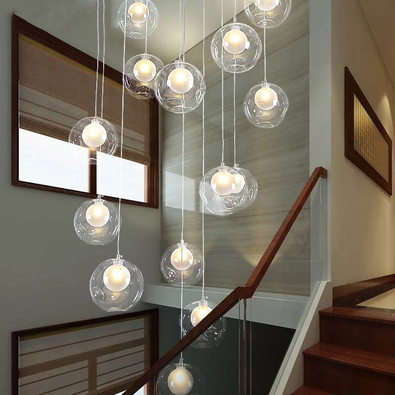 Große Treppe Kronleuchter LED Blase Lange Kronleuchter Für Home Hotel Flur Hängelampe Kunst Glaskugel Kronleuchter Beleuchtung