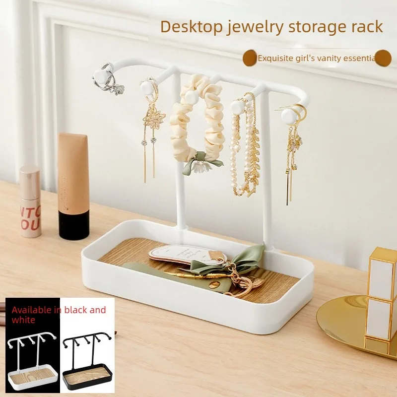 Schmuckorganizer-Ständer für Halsketten, Ohrringe und Armbänder, Schminktisch-Zubehörhalter mit Holztablett, Desktop-Aufbewahrungsregal