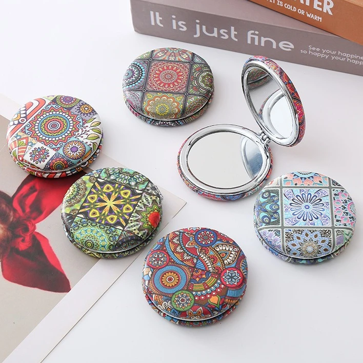 Klappspiegel, doppelseitiger Spiegel, Retro-Stil, tragbarer runder Brotspiegel, böhmischer Stil, dickes Design